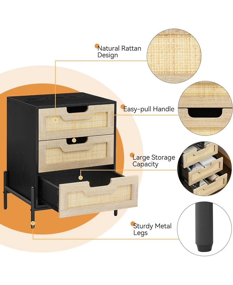 Gaomon Rattan Nightstand with 3 Drawers, Storage Night Table, Bedside Cabinet with Shelves for Bedroom, Living Room