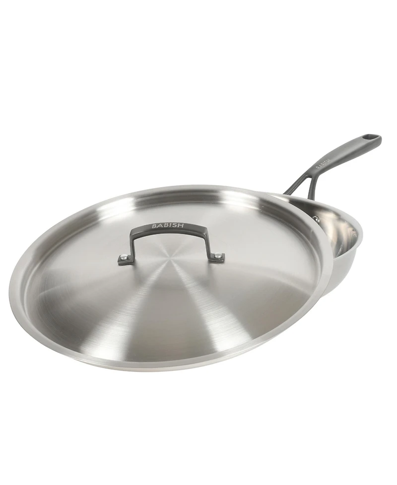 Babish 12-Inch Tri-Ply Stainless Steel Frying Pan with Lid & Black Handle – Professional Grade Skillet for Searing, Sauteing & Even Heat Cookin