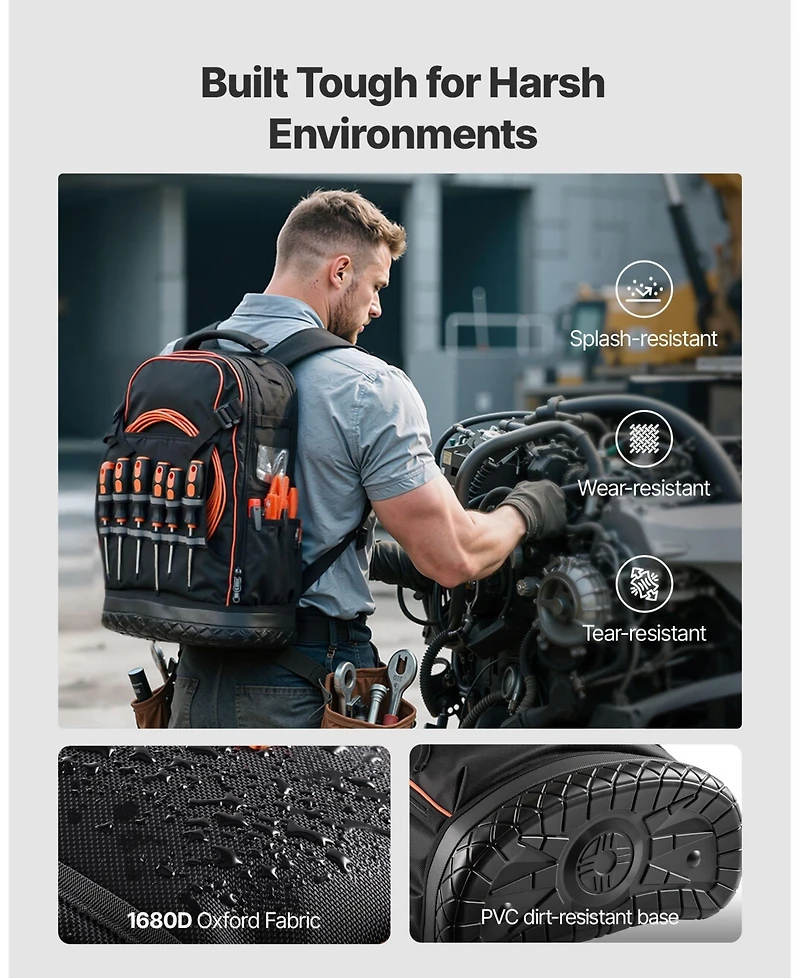 Mecale Tool Backpack, 65 Pockets, Heavy-Duty Tool Storage Organizer with Laptop Compartment & Molded Base, Electrician Jobsite Backpack