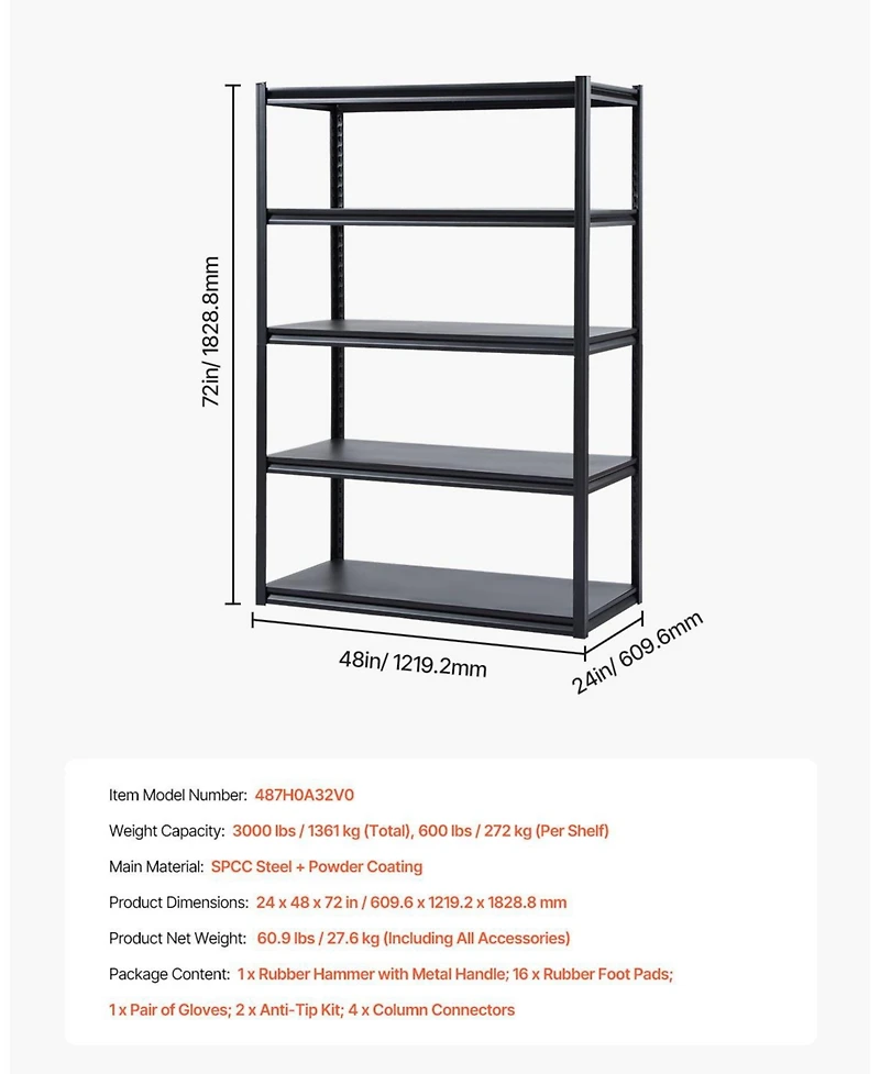 Mecale 5-Tier Garage Storage Shelves, 24"D x 48"W x 72"H, 3000 lb Capacity, Adjustable Metal Utility Shelving Rack, Black