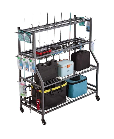 Mecale Fishing Rod Holder, 15-Rod Mobile Pole Rack Cart with Wheels for Garage or Home Fishing Gear Storage