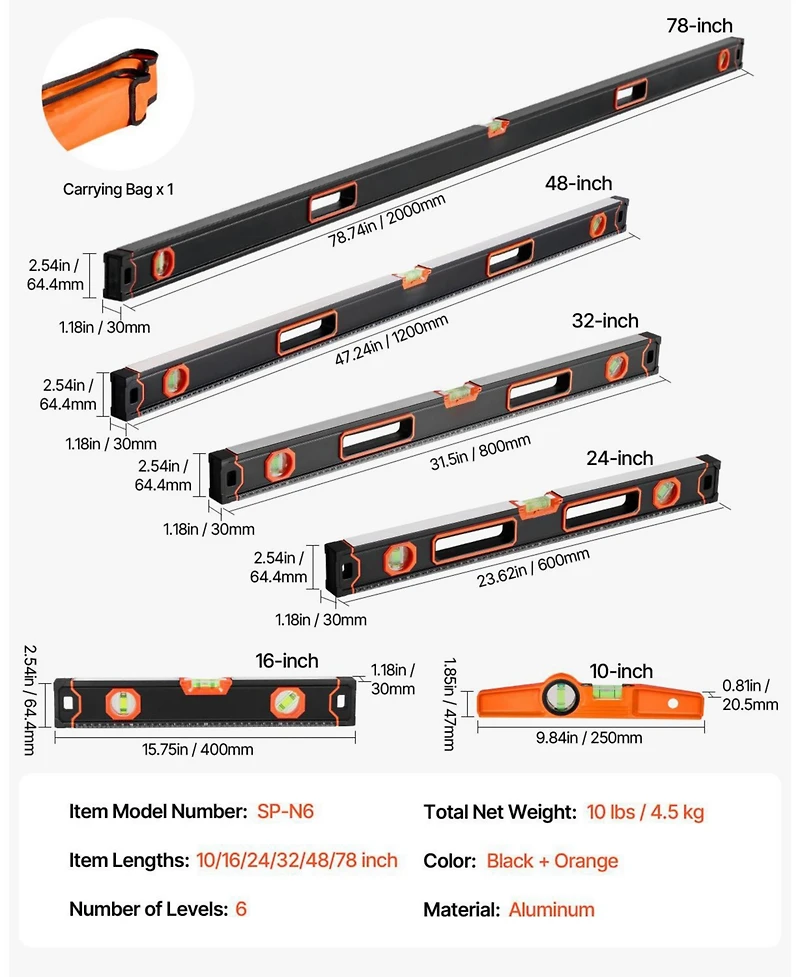 Mecale 6-Piece Box Level Set, 78/48/32/24/16/10", Bubble Vials, 45/90/180° Ruler, Sae/Metric Scale, Aluminum Alloy (10" Magnetic