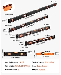 Mecale 6-Piece Box Level Set, 78/48/32/24/16/10", Bubble Vials, 45/90/180° Ruler, Sae/Metric Scale, Aluminum Alloy (10" Magnetic