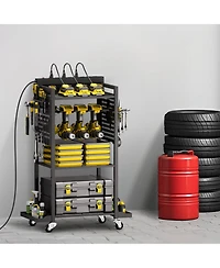 Mecale 4-Tier Tool Organizer Cart with Charging Station, 8 Ac Outlets, Rolling Drill Holder & Tool Battery Storage Rack, Wheels, Garage Use