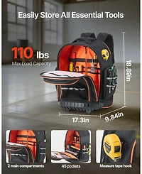 Mecale Rolling Tool Backpack on Wheels, 110 lb Capacity, 45 Pockets, Heavy-Duty Tool Organizer, Telescoping Handle, Stable Base