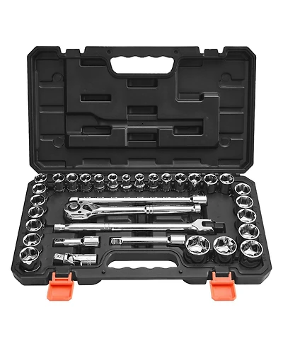Mecale 33-Piece 1/2" Drive Socket & Ratchet Set, Sae & Metric, Extension Bar, Storage Case, Cr-v Alloy Steel