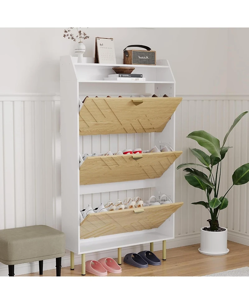 gaomon Narrow Shoe Cabinet with 3 Drawers, Slim Freestanding Shoe Storage Organizer with Wood Grain