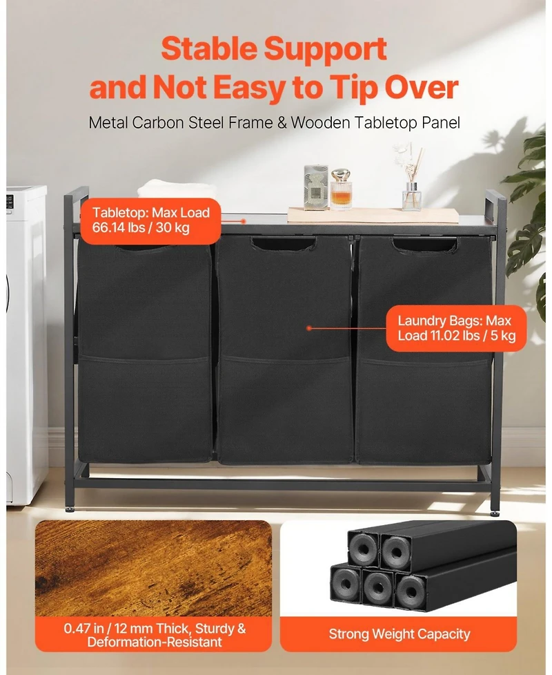 Ecooso 3-Section Laundry Sorter, Large Hamper with Wood Top, Metal Frame, Pull-Out 600D Oxford Cloth Bags, Freestanding Organizer