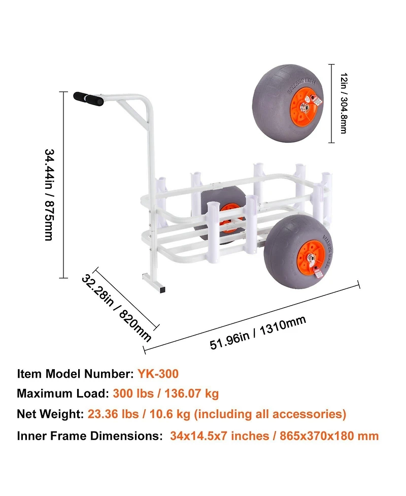Mecale Beach Fishing Cart, 300 lbs Capacity, Aluminum Pier Wagon with Two 13" Pu Balloon Tires and 8 Rod Holders