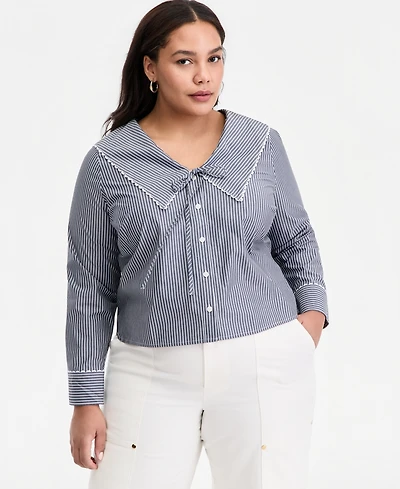 On 34th Trendy Plus Striped Cotton Button-Front Shirt, Macy's Exclusive