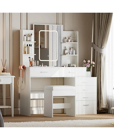 gaomon 6-Drawer Makeup Vanity Set with Mirror and Led Lights