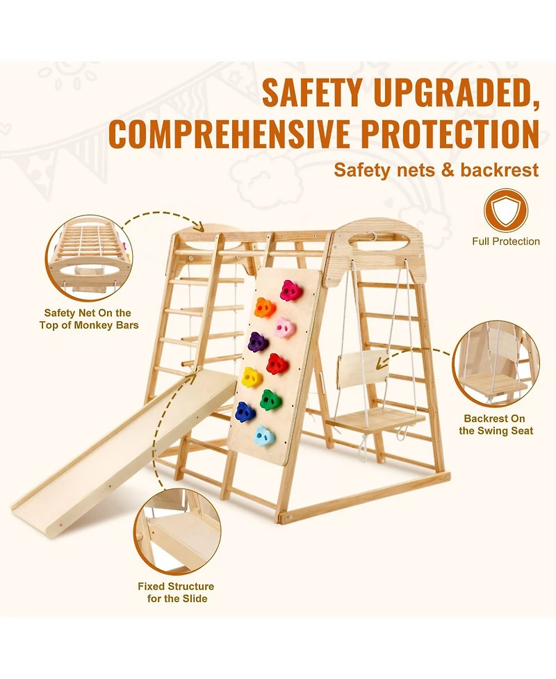 Mecale 7-in-1 Indoor Jungle Gym, Wooden Climbing Playset w/ Ladders, Net, Swing, Monkey Bars, Slide & Wall