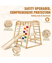 Mecale 7-in-1 Indoor Jungle Gym, Wooden Climbing Playset w/ Ladders, Net, Swing, Monkey Bars, Slide & Wall