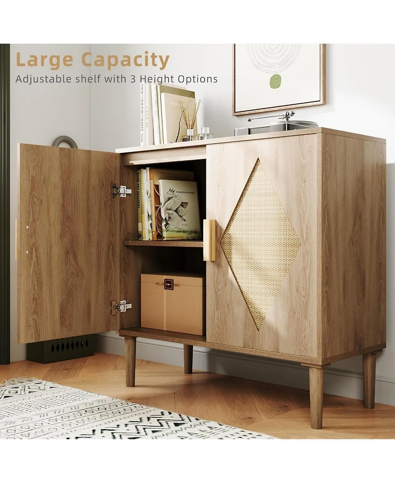 gaomon Buffet Cabinet with Storage, Sideboard with 2 Woven Rattan Doors, Adjustable Shelves & Sturdy Wood Feet