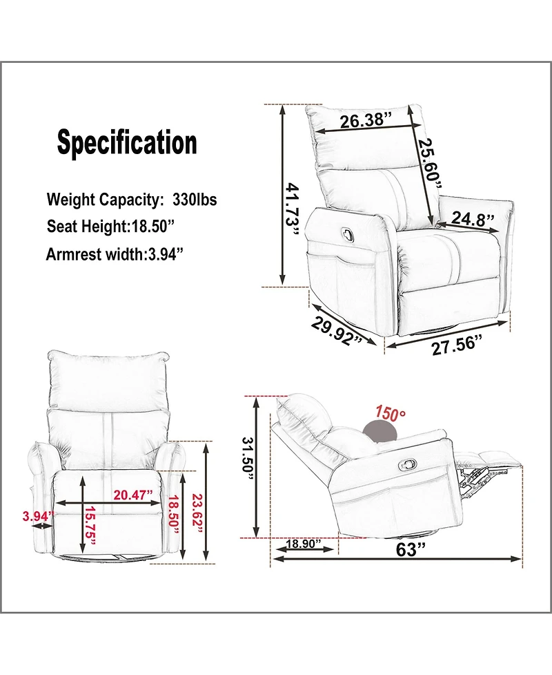 Clihome 360 Swivel Recliner Chair, Manual Rocker with Extendable Footrest & Side Pockets