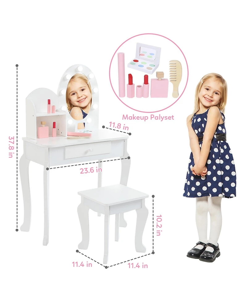 gaomon Girls' Vanity Set with Light and Mirror, Makeup Table Stool for Kids, Wood Dressup Playset 4-9