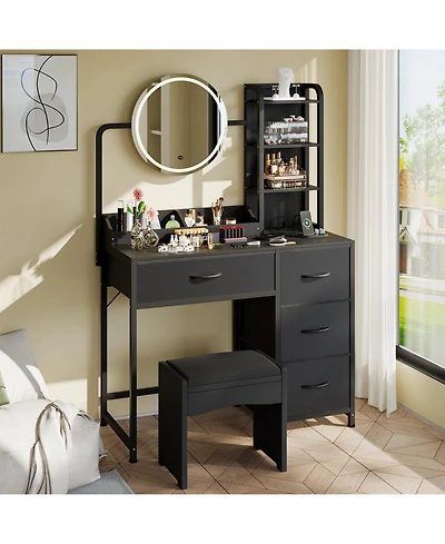 gaomon Vanity Desk with Mirror and Lights, Wood Dressing Table 4 Fabric Drawers, Makeup Hair Dryer Rack for Bedroom Room