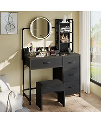 gaomon Vanity Desk with Mirror and Lights, Wood Dressing Table 4 Fabric Drawers, Makeup Hair Dryer Rack for Bedroom Room