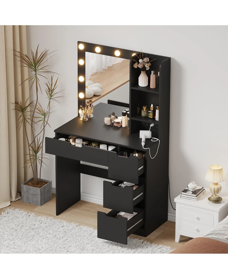 Modern Vanity Desk with Mirror, Power Outlet, 4 Drawer & Three Level Storage