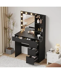 Modern Vanity Desk with Mirror, Power Outlet, 4 Drawer & Three Level Storage