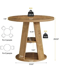 Tribesigns Round Dining Table for 2–4, 31.5" Small Farmhouse Kitchen Table with 2-Tier Storage Shelf, Space-Saving Wood Dining Table, Ligh