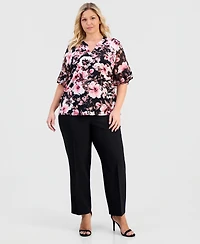 Anne Klein Essentials Plus Split-Neck Printed Flutter-Sleeve Top