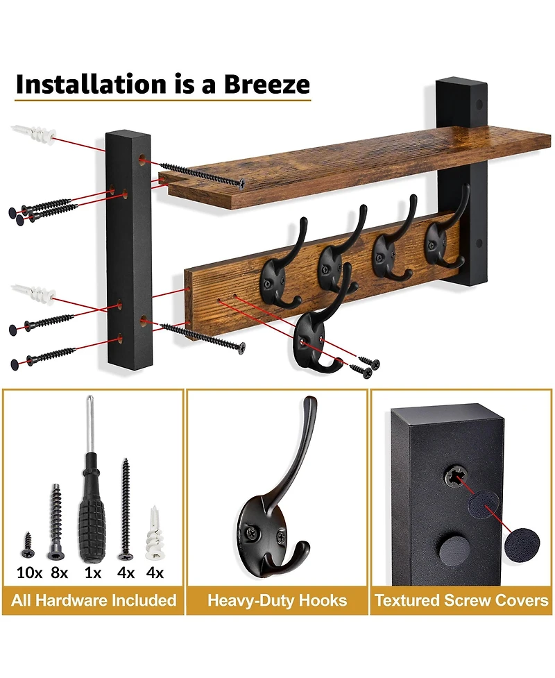 Sorbus Inch Floating Wall Shelf with 5 Heavy Duty Hooks – for Entryway, Bathroom, Bedroom, Kitchen