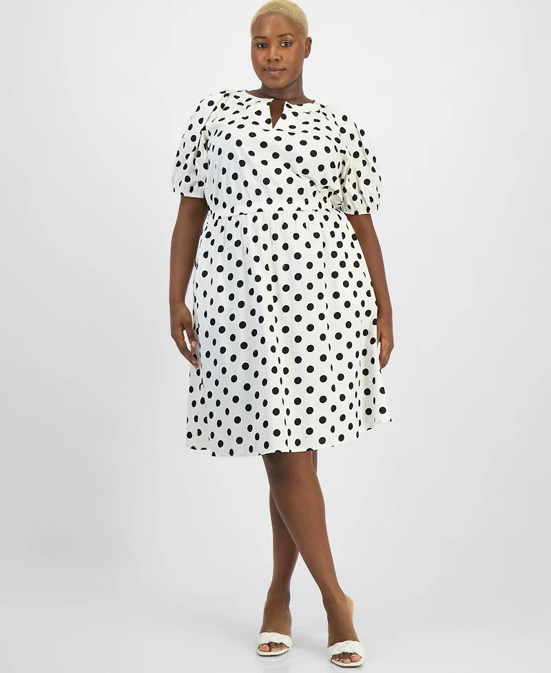 Kasper Plus Dot-Print Puff-Sleeve Smocked-Waist Midi Dress