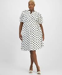 Kasper Plus Dot-Print Puff-Sleeve Smocked-Waist Midi Dress