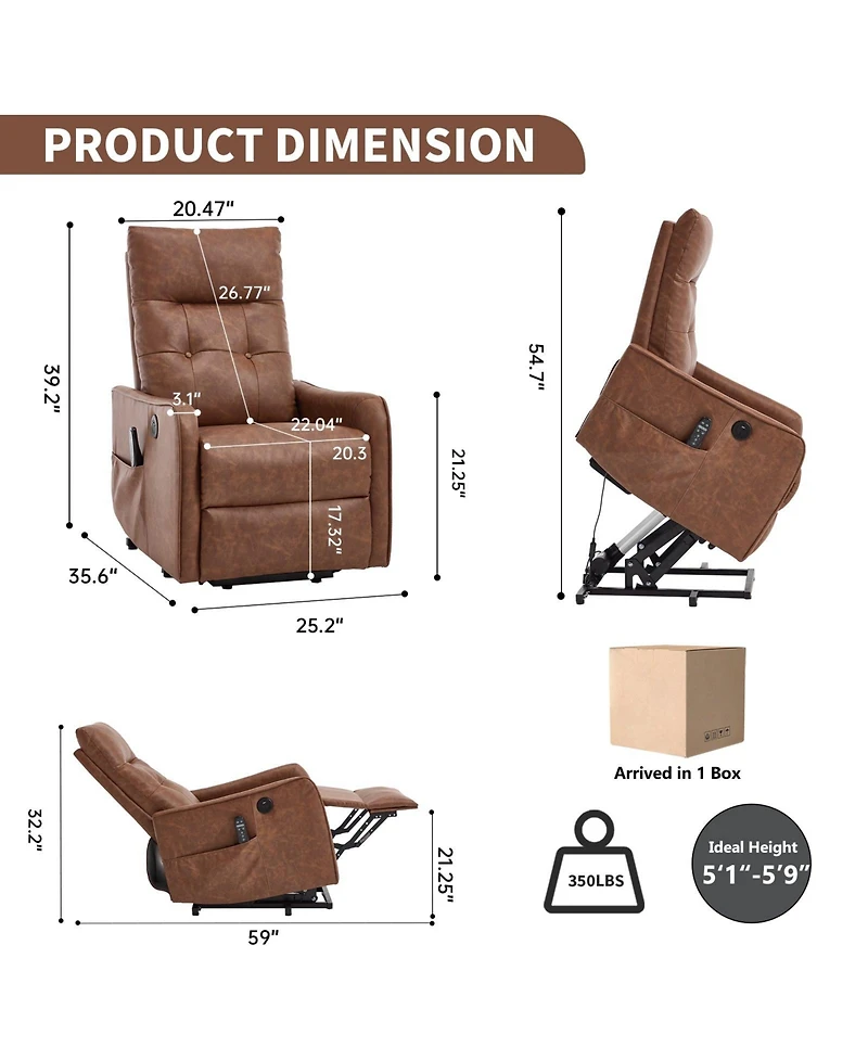 Boyel Living Faux Leather Power Lift Recliner Chair 155° with Massage Heat Usb for Indoor Elderly