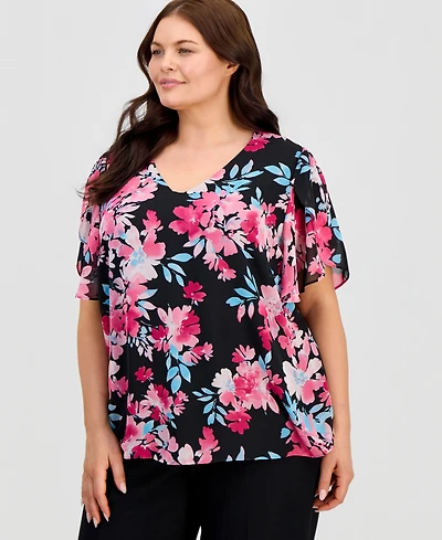 Kasper Plus V-Neck Tulip-Sleeve Top