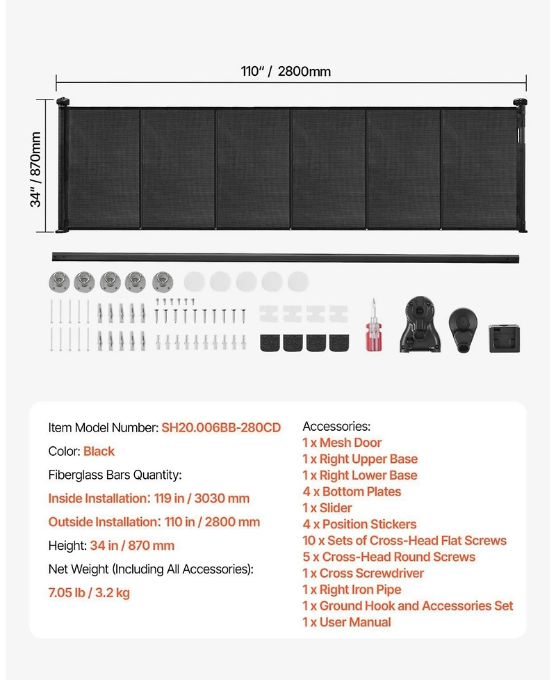 Cozito Retractable Baby Gate, 34 in Tall, Extends up to 110 in Wide, Mesh Safety Gate for Kids/Pets, Easy Install for Stairs & Doorways, Black