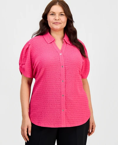Kasper Plus Button-Front Pleated-Sleeve Top