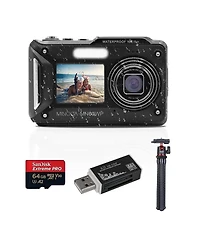 Minolta MN60WP 48MP 4K Ultra Hd Dual Lcd Screen Waterproof Digital Camera, Black, Bundle with 64GB Memory Card, Mt-11 Tripod and Usb Card Reader