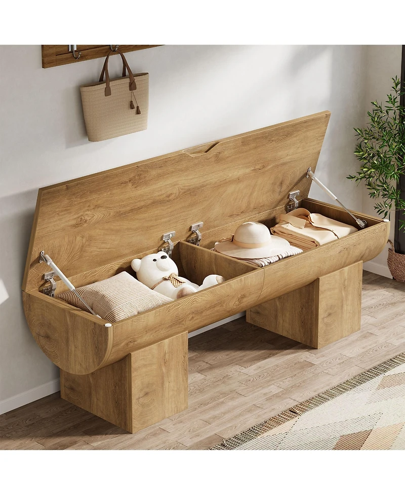 Tribesigns Storage Bench with Safety Hinges, 55 Inch Farmhouse Shoe Bench with Flip-Top, Natural