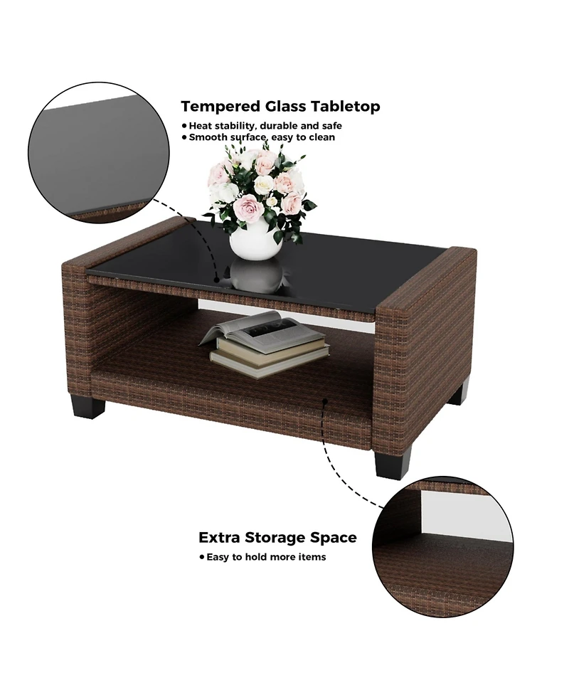 Patio Furniture Set 5 Pieces, Rattan Wicker Sectional Patio Seating Sofas with Cushions and Glass Coffee Table