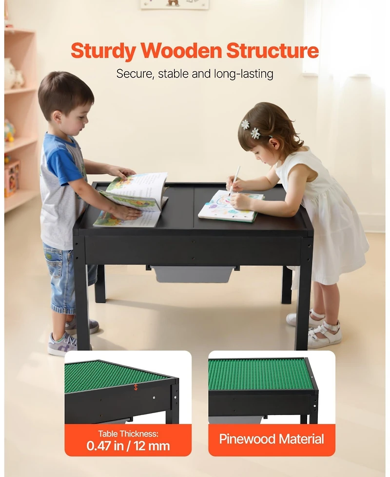 Mecale Kids Wooden Activity Table, Double-Sided Block Top w/ Storage Bins, Ages 3+