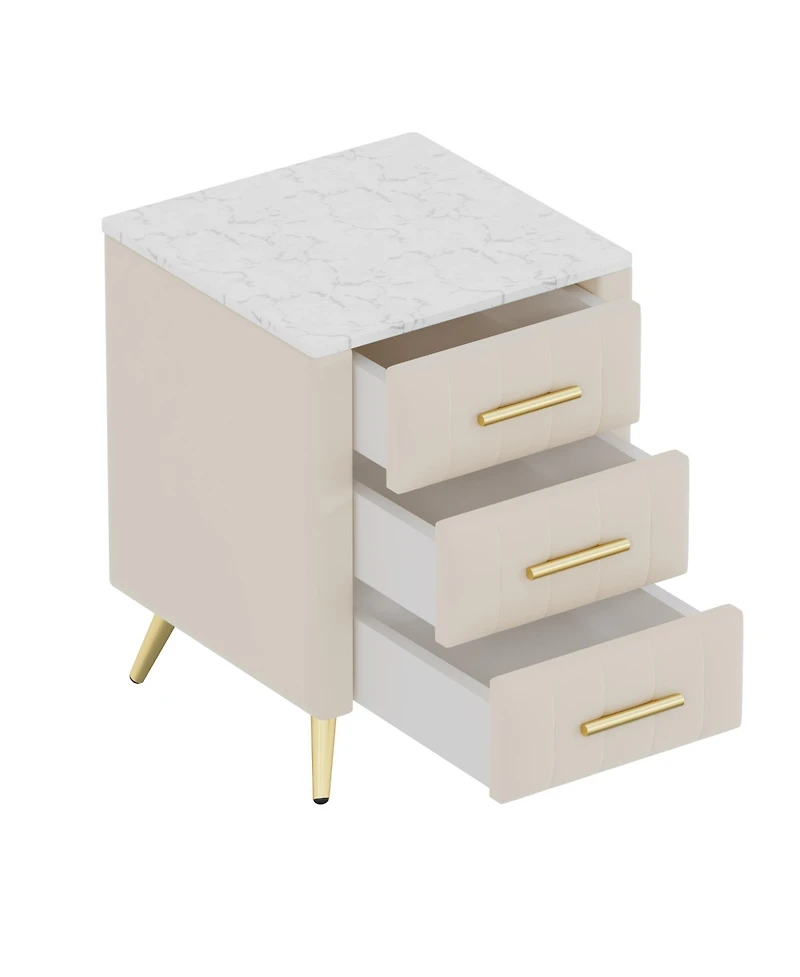 Rainsken Velvet Nightstand with 3 Drawers, Upholstered Bedside Table with Faux Marble Top and Metal Legs for Bedroom and Living Room