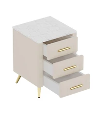 Rainsken Velvet Nightstand with 3 Drawers, Upholstered Bedside Table with Faux Marble Top and Metal Legs for Bedroom and Living Room