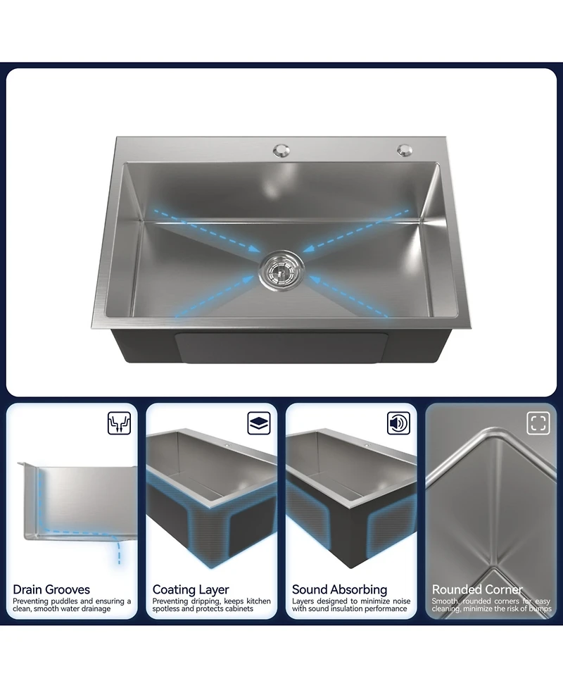 flynama 30x19inch Brushed Nickel Stainless Steel Kitchen Sink Single Bowl Overmount Handmade