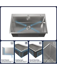 flynama 30x19inch Brushed Nickel Stainless Steel Kitchen Sink Single Bowl Overmount Handmade