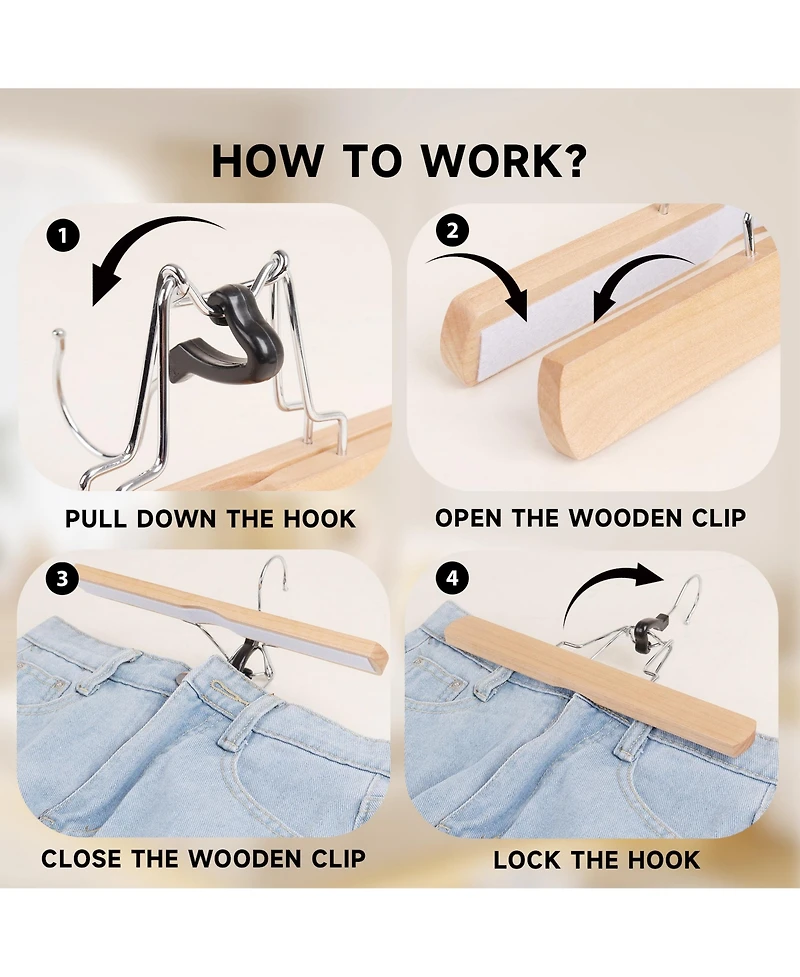 BP4U 12" Wood Clamp Hangers with Felt Lining, Non-Slip Wooden Pants/Skirts Hangers for Trousers, Jeans, Shorts, and Delicate Fabrics