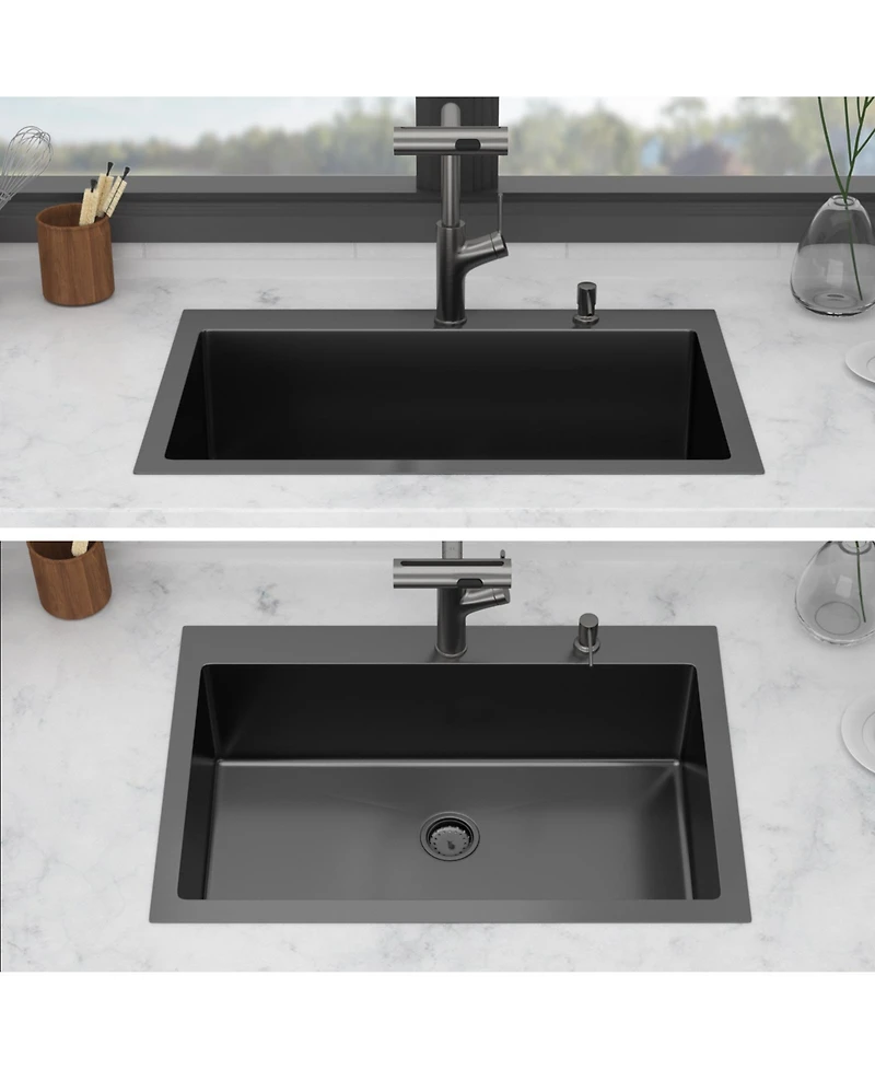 flynama 33x22x10inch Gunmetal Black Kitchen Sink with Pull Out Faucet Soap Dispenser Stainless Steel