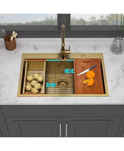 flynama huluwat 36x22x10inch Drop in Gold Kitchen Sink Workstation Stainless Steel Single Bowl 16 Gauge