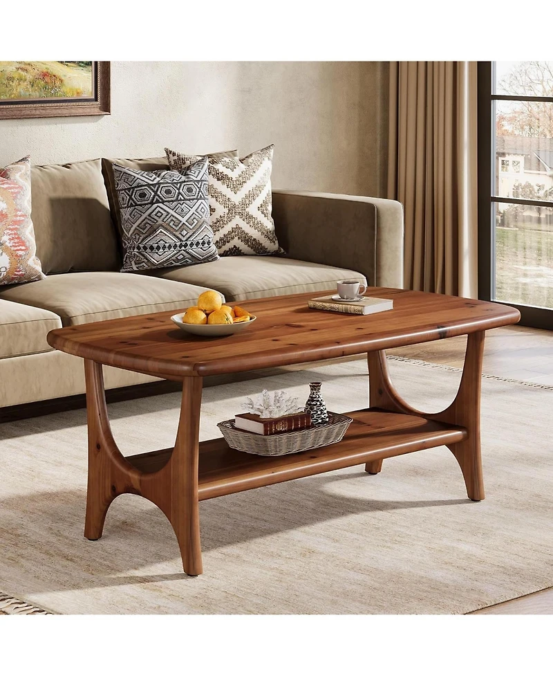 Tribesigns Solid Wood Coffee Table, 47.24” Mid-Century Modern Rectangle Living Room Table, 2-Tier Center Table for Living Room
