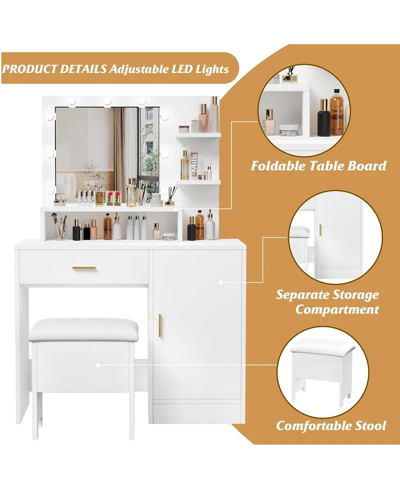 gaomon Vanity Desk with Mirror and Light Bulbs, Makeup Table with Open Shelves and Drawers