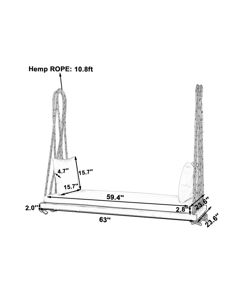 Flynama Patio Wooden Swing Chair, Hanging Porch Swing Bench with Cushion&Pillows, 10.8Ft Hemp Ropes for Garden,Backyard, Lawn,Gray