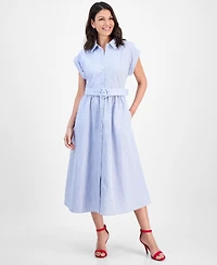 Robbie Bee Women's Striped Belted Midi Shirtdress