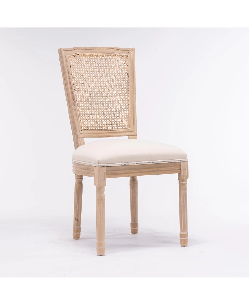 Boyel Living French Style Solid Wood Frame Linen Fabric Square Rattan Back Dining Chair,Set of 2,Cream