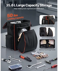 Mecale Welding Backpack, 35.6L Welder Tool Backpack with Helmet Catch Bag, 600D Polyester Gear Pack, Multi-Purpose Storage Bag